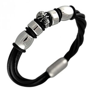 Skull and Steel Charm Braided Leather Cord Bracelet SBR-6760
